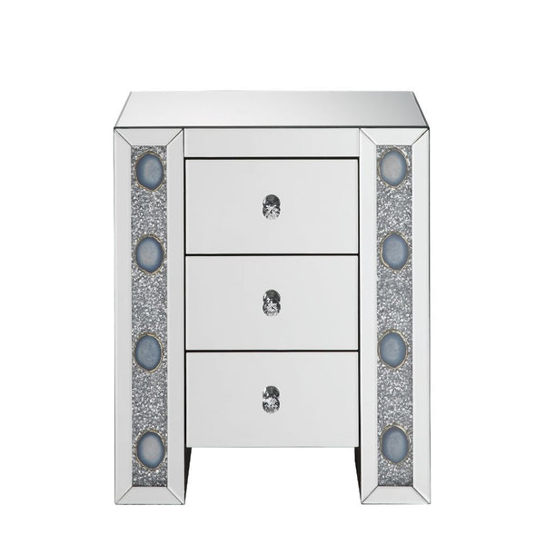  Clear Glass with Faux Agate & Faux Diamonds Inlay (Back Unfinished) Orientation: Free Standing Storage: 3 Drawers (Open Base) CONSTRUCTION Mirrored Case-Frame & Drw: Mirror