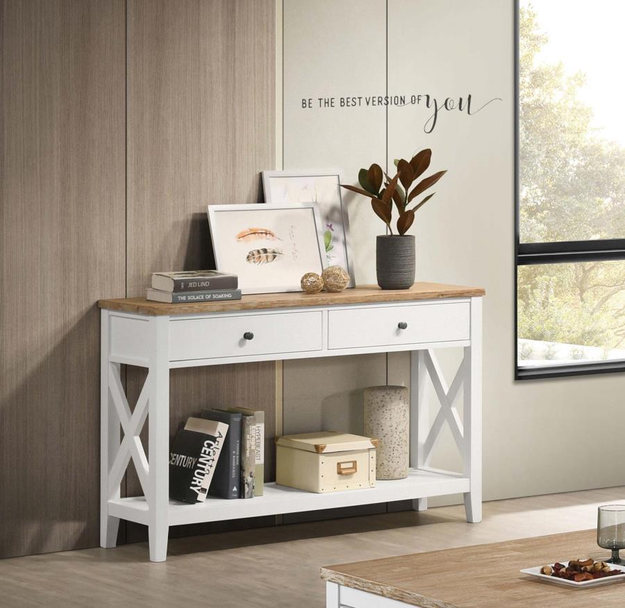 Create a finished look for a floating sofa or add welcoming flair in an entryway with this farmhouse console table. A two-tone design shows off an ash veneer table top with a wire brushed brown finish that assures natural appeal. The table base is done in