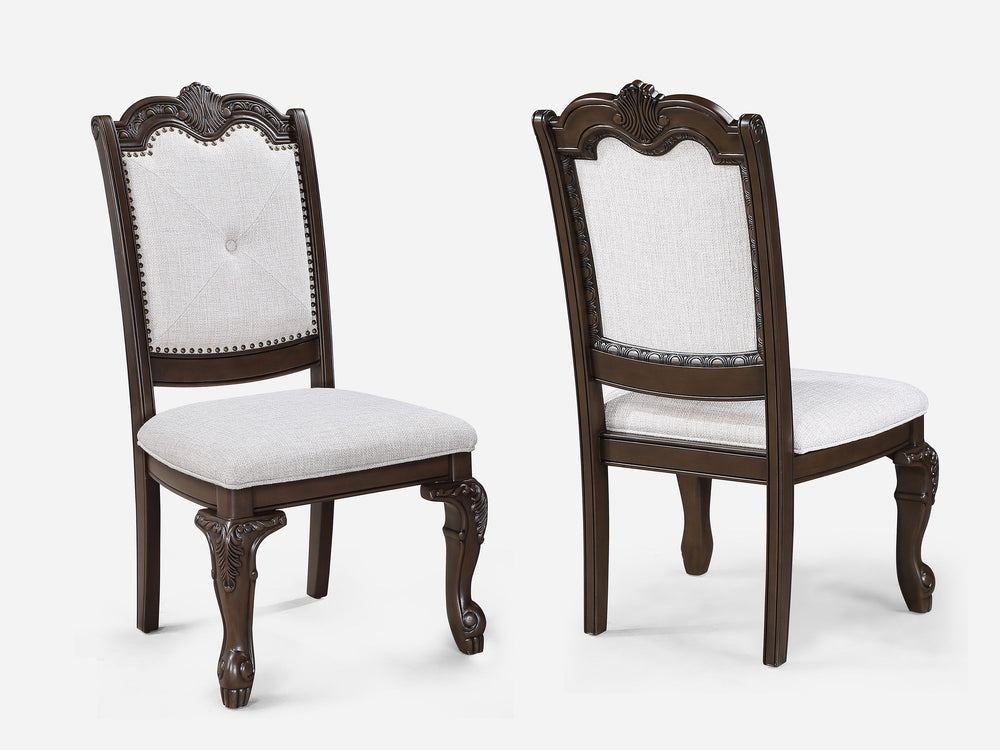 Elevate your dining experience with this exquisite and elegantly crafted set, designed to bring timeless sophistication to your home. The grand rectangular table features a rich, dark finish and intricately carved double pedestal base, making it the perfe