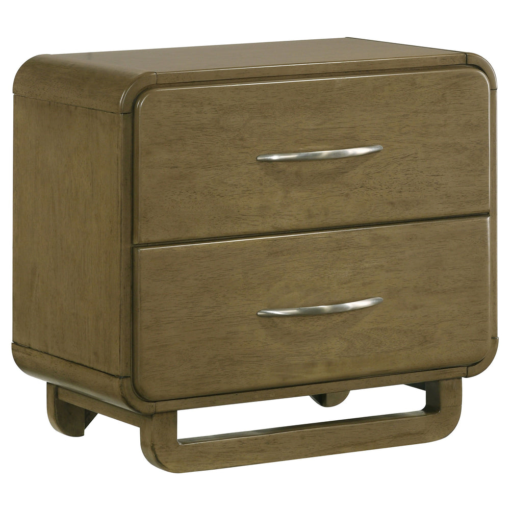 This two-drawer nightstand offers a perfect balance of practicality and modern design. The nutmeg wood finish provides a warm, natural look, while the rounded edges contribute to a sleek, contemporary style. Metal extension glides ensure smooth drawer ope