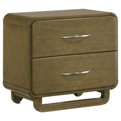 This two-drawer nightstand offers a perfect balance of practicality and modern design. The nutmeg wood finish provides a warm, natural look, while the rounded edges contribute to a sleek, contemporary style. Metal extension glides ensure smooth drawer ope
