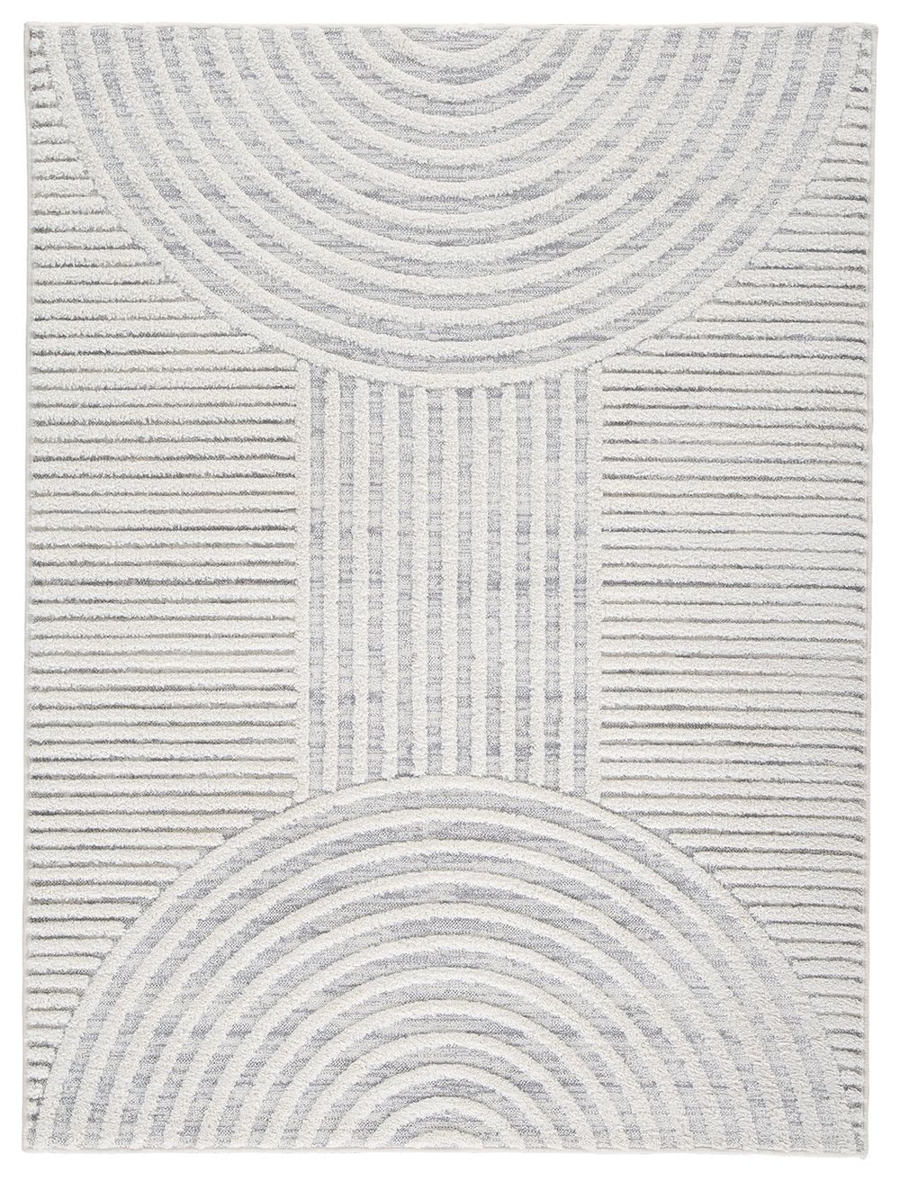 A great area rug should be the intersection of style and comfort. This rug accomplishes just that. Its beautiful geometric design combines lines and half circles to create varied high-low textures. Adding contemporary flair to any room, this rug perfectly