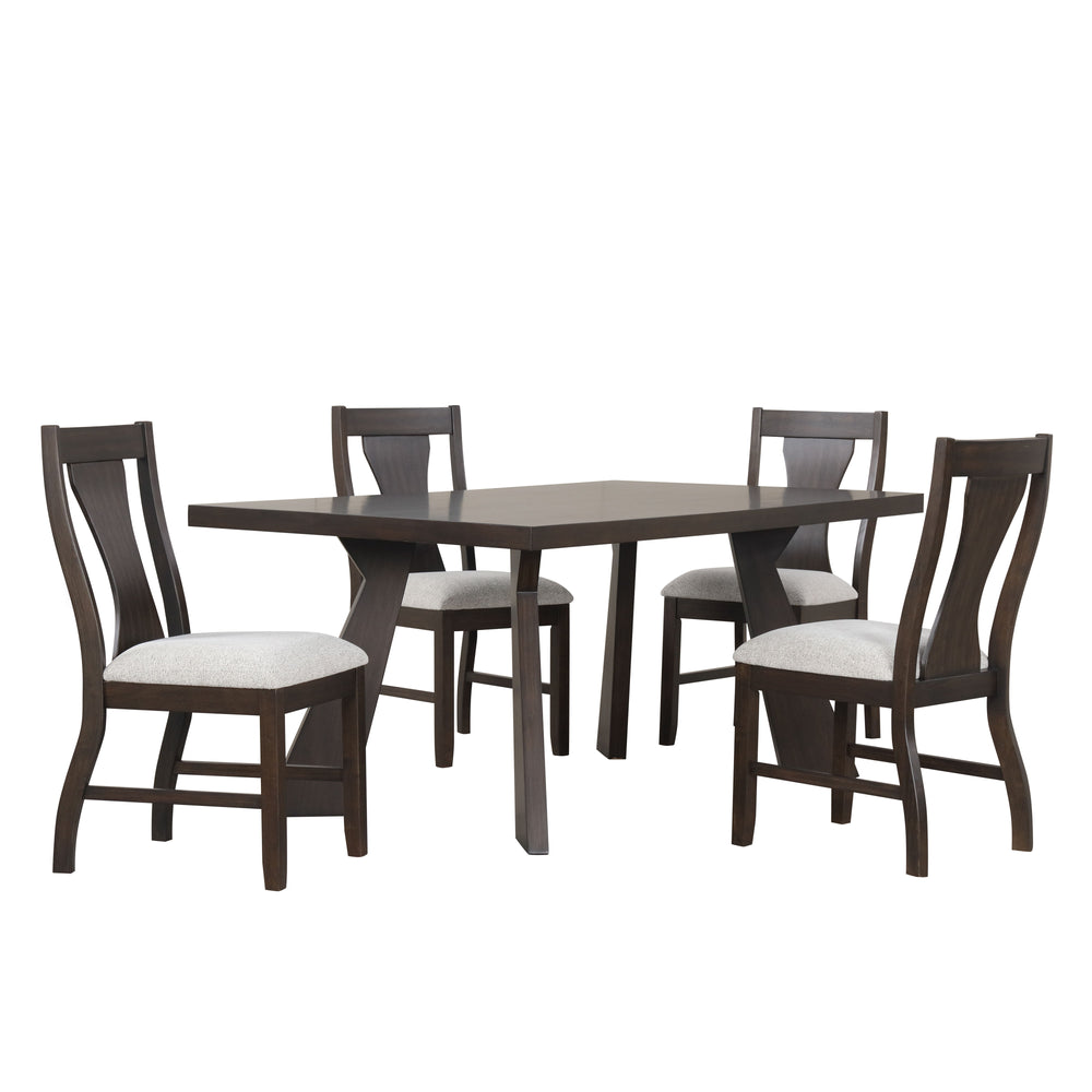 The Chestnut Ridge 5-Piece Dining Set brings both durability and modern flair to your dining space. Featuring a 72" table and four side chairs, this set is built to last with its solid Rubberwood, manufactured wood, and wood veneers, offering a sturdy fou