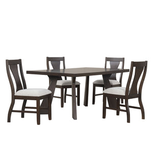 The Chestnut Ridge 5-Piece Dining Set brings both durability and modern flair to your dining space. Featuring a 72" table and four side chairs, this set is built to last with its solid Rubberwood, manufactured wood, and wood veneers, offering a sturdy fou