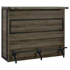 Serve up smile after smile at your next gathering of guests. This handsome, wooden bar unit boasts a bold, rustic design to enliven your space. Five roomy shelves with stemware racks provide plenty of space for your party essentials. A metal footrest is a