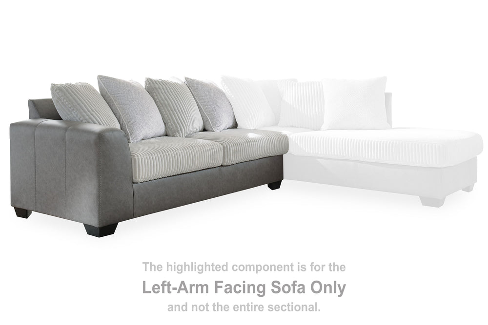 This left-arm facing sofa is made with polyester and faux leather upholstery. Pairs with other items in the series to make a sectional.<br><br><b>Additional Dimensions</b><br><ul><li>Arm height: 27-"</li><li>Seat depth: 20-"</li><li>Seat height: 20-"</li>