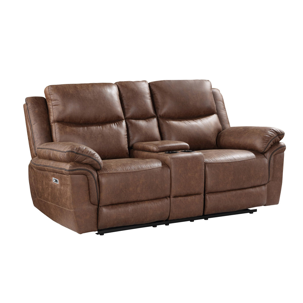 The Ryland Power Dual Recliner Console Loveseat in Brown offers the perfect combination of durability, comfort, and modern convenience. Built with premium hardwood and plywood frames, it guarantees long-lasting stability and support. The blend of resilien