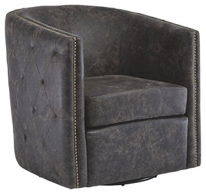 Classic style gets an urban upgrade in this cool accent chair. The barrel back and tufted sides evoke swanky private clubs while the distressed black faux leather keeps it current.<br><br><b>Additional Dimensions</b><br><ul><li>Arm height: 27.38-"</li><li