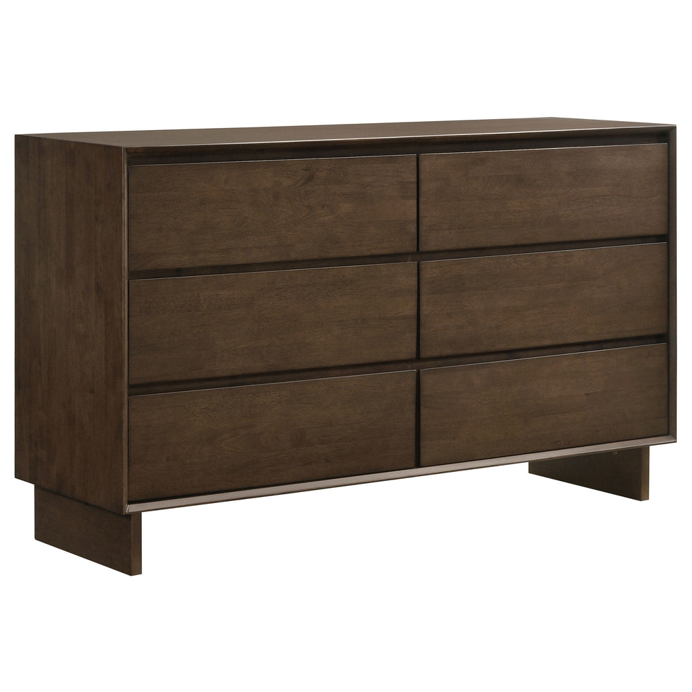 From a wide top to roomy drawers for easy storage, this modern six-drawer dresser is the perfect accompaniment in your bedroom. A warm brown wood grain finish is handsome and restrained, perfect for an understated, elegant ensemble. The dresser features t