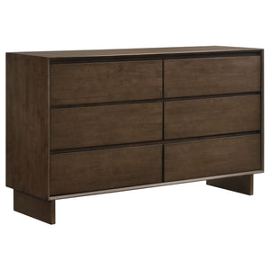 From a wide top to roomy drawers for easy storage, this modern six-drawer dresser is the perfect accompaniment in your bedroom. A warm brown wood grain finish is handsome and restrained, perfect for an understated, elegant ensemble. The dresser features t