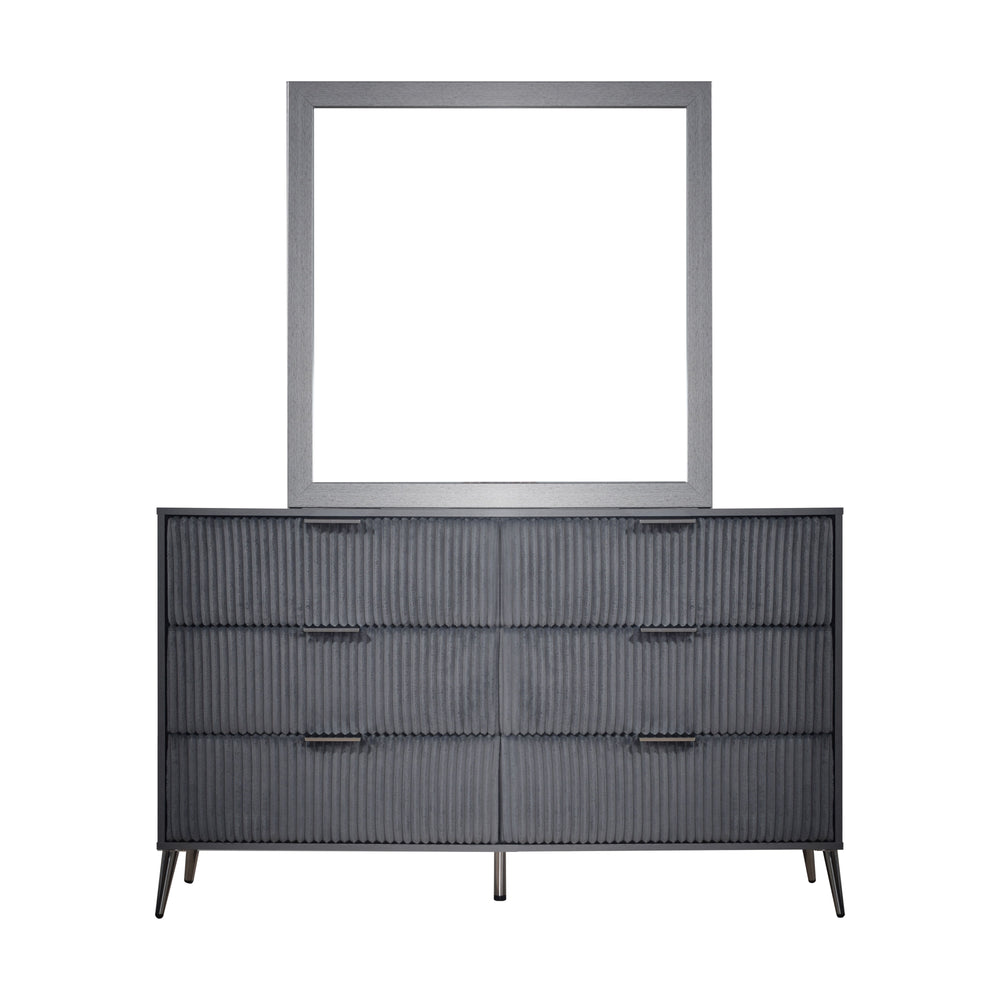 The Kailani 2 Piece Dresser and Mirror Set in elegant gray is a perfect blend of modern design, durability, and functionality, making it an attractive addition to any bedroom. This set includes a dresser and a mirror, both crafted from a mix of solid rubb