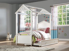 Your children will adore the magical Rapunzel bed that evokes the spirit and appeal of a cottage house. This unique canopy bed sits inside a classic house frame, with an arched headboard, low profile footboard and canopy with raised molding trim and scrol
