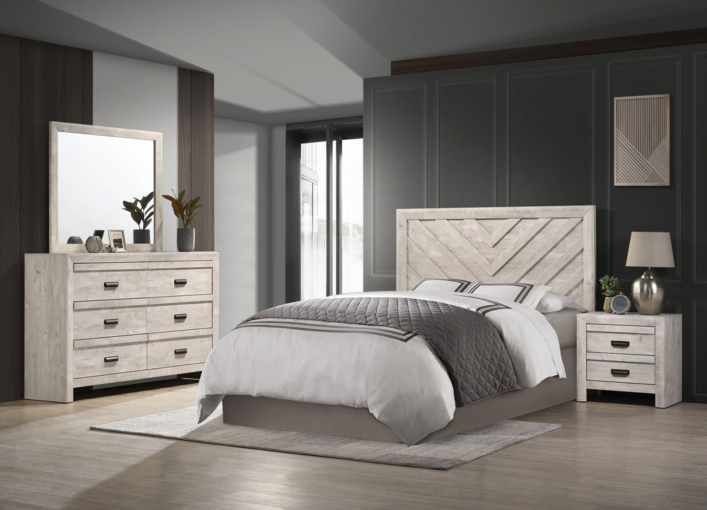 This bedroom collection encapsulates a blend of contemporary design and rustic charm. The centerpiece, a bed with a distinguished chevron patterned headboard, evokes a sense of craftsmanship and texture, infusing the space with character. Flanking the bed
