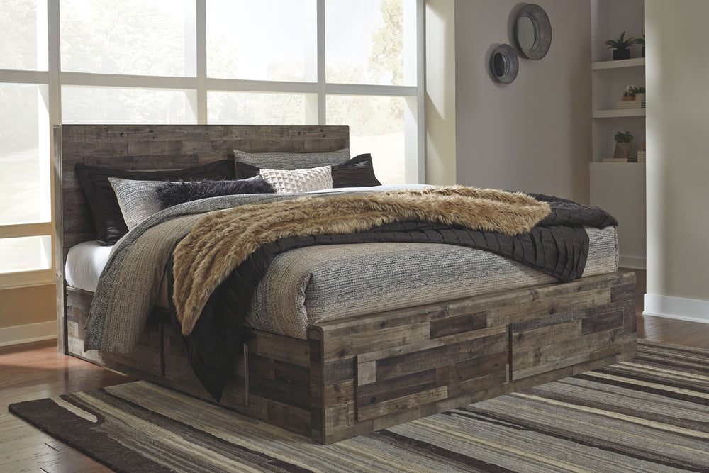 Modern yet hefty. This king panel bed with storage makes an urban eclectic statement. Seasoned raw wood look merges with the clean lined design we love today. Muted rustic finish over replicated pine grain maintains its authenticity for a beauteous look. 