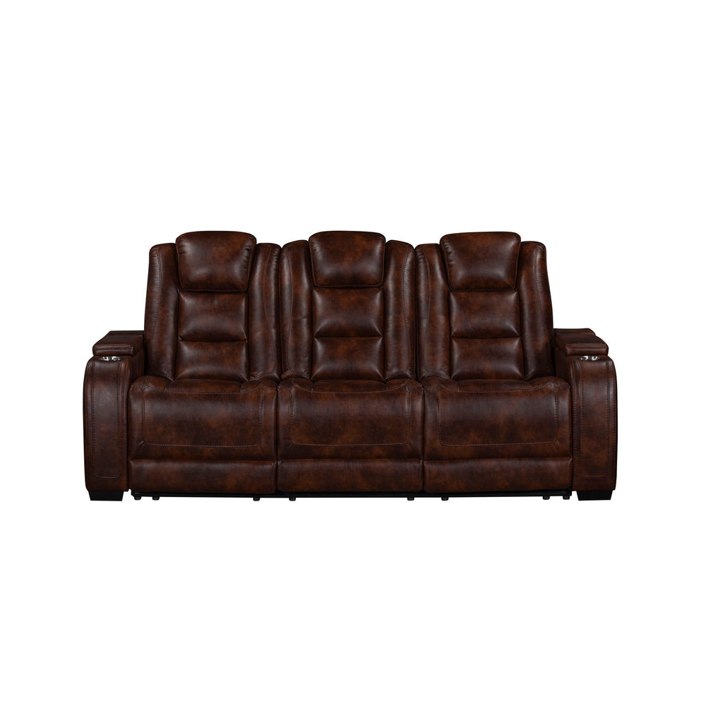 The Chester Reclining Sofa with power headrest and footrest in brown is a marvel of modern design, seamlessly combining style, comfort, and functionality. Its quality construction features hardwood and plywood interior frames and sturdy motion mechanisms,