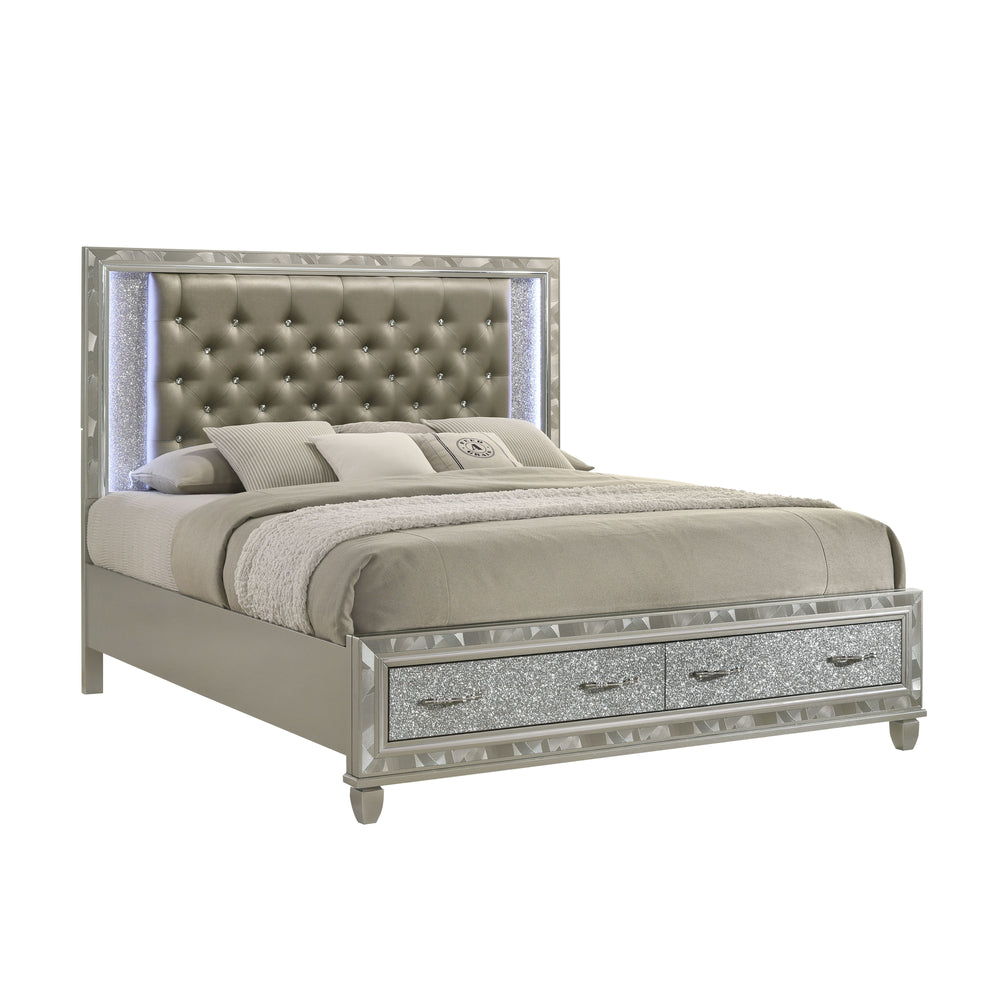 Indulge in the allure of the Radiance Western King Storage Bed in Silver, a marvel of quality construction crafted from a blend of solid rubberwood and manufactured woods for unparalleled stability and durability. Its semi-gloss lacquer Platinum Silver fi