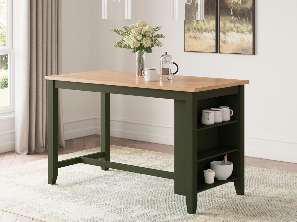 Complement your homeâ€™s simply relaxed sensibility with this counter height dining table. A charming green hue offers a chic contrast to the natural wood tone, for a casual look that vibes with a variety of aesthetics. Built-in storage shelves keep kitch