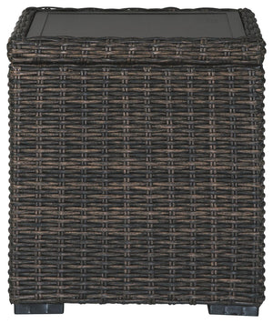  this outdoor tableâ€™s resin wicker base and rust-proof aluminum frame ensures care