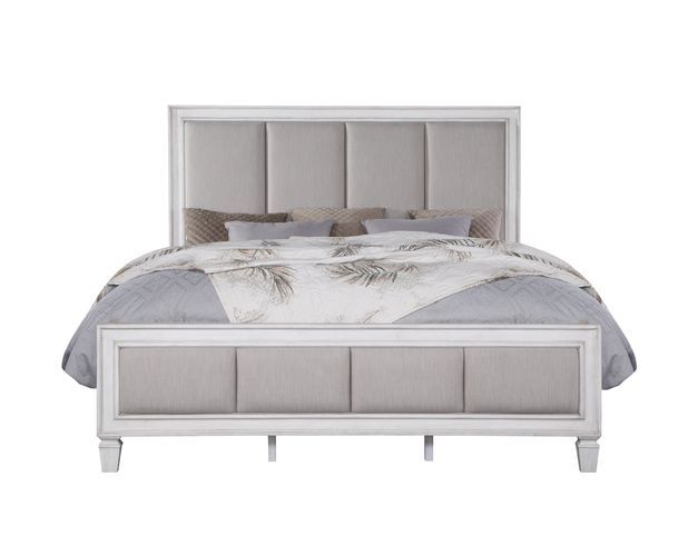 The Katia collection is perfect for creating a modern rustic or farmhouse aesthetic. Merging old and new design features and finishes. The bed features a channel-tufted headboard and footboard in gray linen that pops against the white frame. The case good
