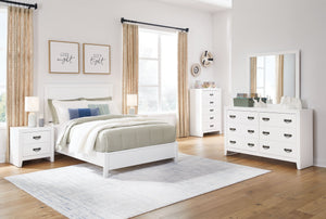 Are you a lover of casual contemporary style? Then this bedroom package is perfect for you. Casual Contemporary design. Made with hardwood solids, Okoume veneer, and MDF substrates. Clean white finished cases with contrasting dark hardware. Drawers featur