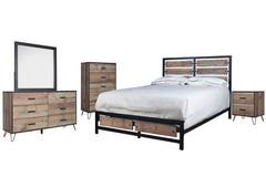 The Elk River 5-Piece Bedroom Set is the epitome of functional elegance, designed for those who cherish a robust, industrial look with modern flair. This comprehensive set includes a bed, a dresser, a mirror, a nightstand, and a chest, all in a rich rusti