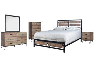 The Elk River 5-Piece Bedroom Set is the epitome of functional elegance, designed for those who cherish a robust, industrial look with modern flair. This comprehensive set includes a bed, a dresser, a mirror, a nightstand, and a chest, all in a rich rusti