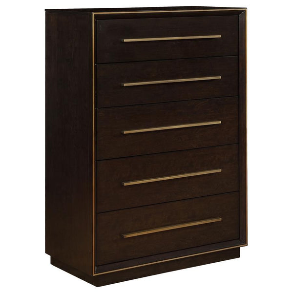 With five spacious drawers, this chest is convenient and versatile. Its large size is ideal for keeping your wardrobe organized. Its strong silhouette is enhanced by an attractive, smoked peppercorn finish. Its long, sleek drawer handles and outer frame a