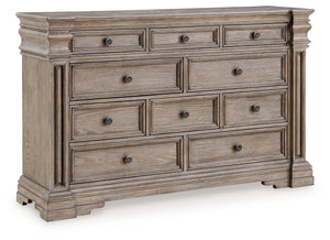  cast resin components and engineered wood substrates. Light warm grayish brown glazed wood finish. Cases feature break front pilasters