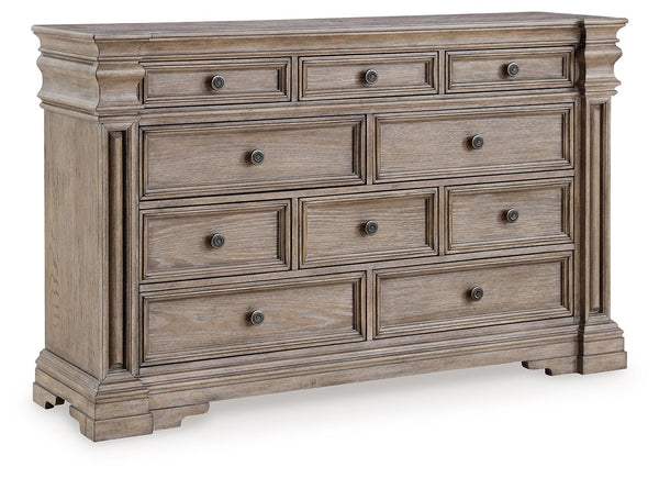  cast resin components and engineered wood substrates. Light warm grayish brown glazed wood finish. Cases feature break front pilasters