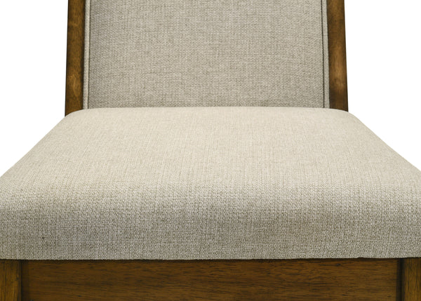  perfect for both casual and formal settings. The tailored chairs and tufted bench are upholstered in a soft neutral fabric