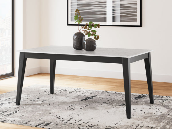 This dining table exudes modern sophistication. Finished in a sleek black wood tone, it-'s adorned with a stunning white faux marble tabletop. The piece serves a simply striking feast for the eyesâ€”now your only worry is what to serve for dinner.<br><br>