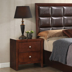 The Ilana nightstand in brown cherry finish is sleek and contemporary, 2 drawers nightstand offers simple bedside storage with modern sophistication. All drawers have English dovetail with center metal glides. The knob hardware accentuates two drawers tha