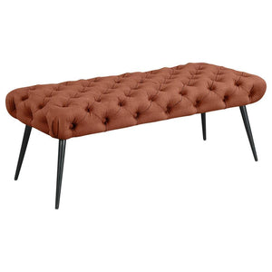 Enhance your living area, bedroom, or entryway with this sophisticated bench, skillfully blending timeless tufting and plush upholstery for a luxurious look and feel. Its meticulous button-tufted top adds depth and dimension, while slender metal legs prov