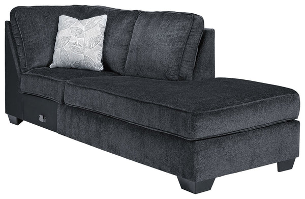 This right-arm facing corner chaise is made with polyester upholstery. Pairs with other items in the series to make a sectional.<br><br><b>Additional Dimensions</b><br><ul><li>20-" Toss Pillow: 0-"</li><li>Arm height: 26-"</li><li>Leg height: 3-"</li><li>