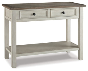 Store and showcase your favorite things with this sofa table. Its textured antique white finish creates a vintage two-tone look that will endure for years.<br><br><b>Additional Dimensions</b><br><ul><li>Opening: 0-"</li><li>Drawer interior (2): 0-"</li></