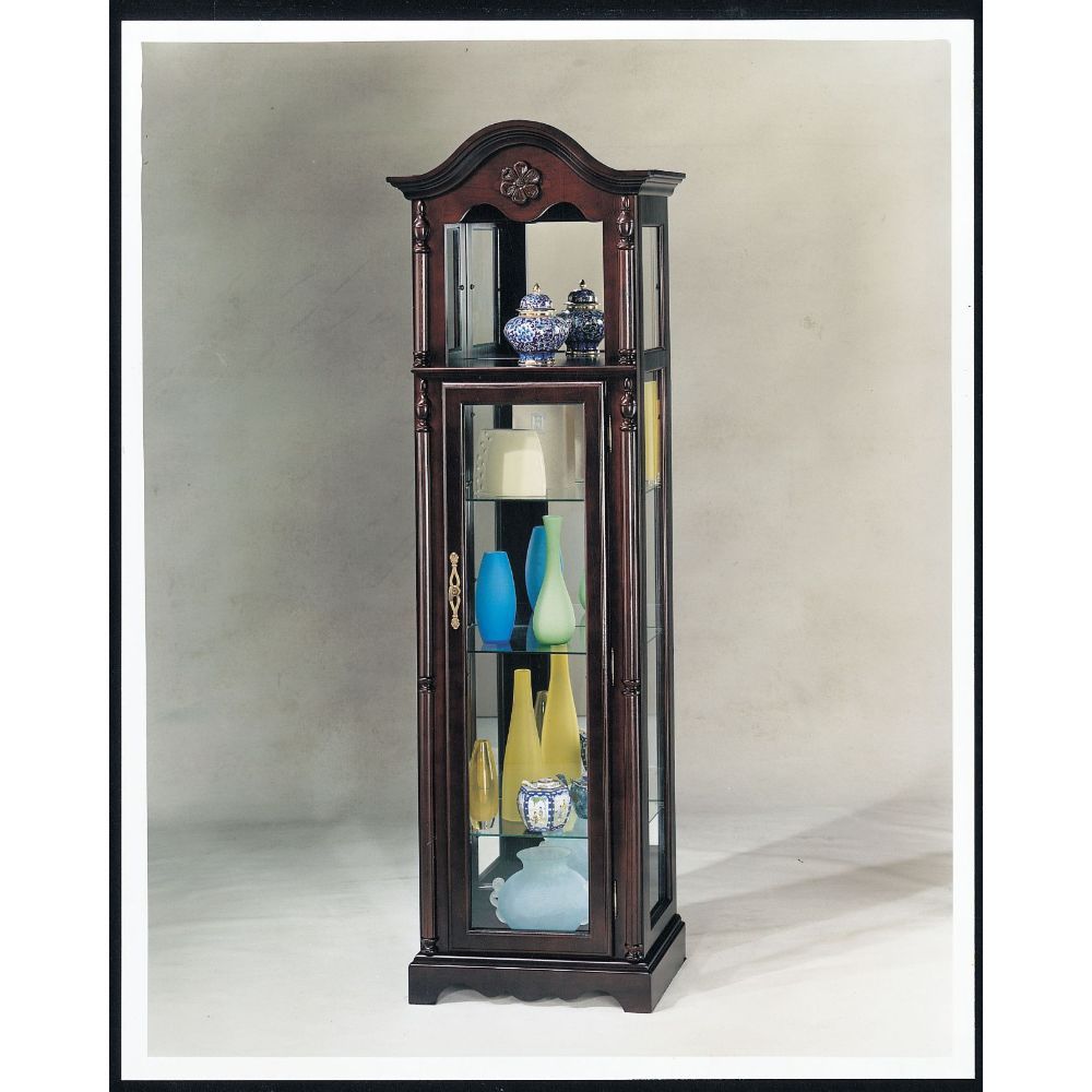 The Lindsey cherry curio cabinet offers an instant upgrade for your home. Standing for durability, display your keepsakes and decorative items on its glass shelves.<br/><br/><b>Product Features</b><ul><li>Curio Cabinet</li><li>Orientation: Wall Flat Stand