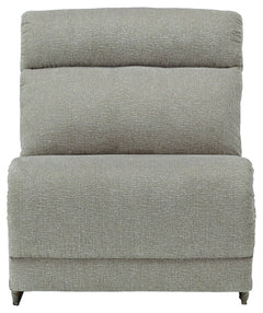 This armless chair is made with polyester upholstery. Pairs with other items in the series to make a sectional.<br><br><b>Additional Dimensions</b><br><ul><li>Minimum width of doorway for delivery: 30-"</li><li>Seat depth: 23-"</li><li>Seat height: 19-"</