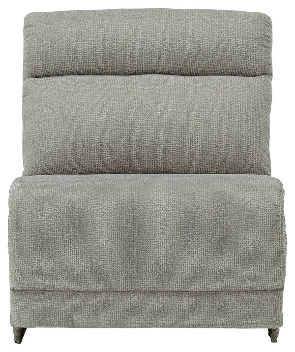 This armless chair is made with polyester upholstery. Pairs with other items in the series to make a sectional.<br><br><b>Additional Dimensions</b><br><ul><li>Minimum width of doorway for delivery: 30-"</li><li>Seat depth: 23-"</li><li>Seat height: 19-"</