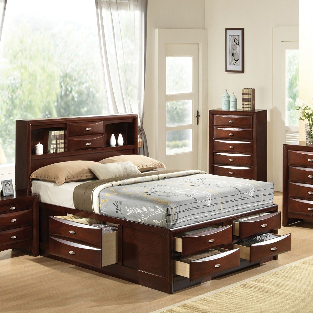 The Ireland transitional bedroom collection features multi-drawer platform bed with shaped drawer front and brushed nickel hardware. Nightstand with pull-out tray gives you convenience and creative fun life. With available finishes in espresso, black, whi