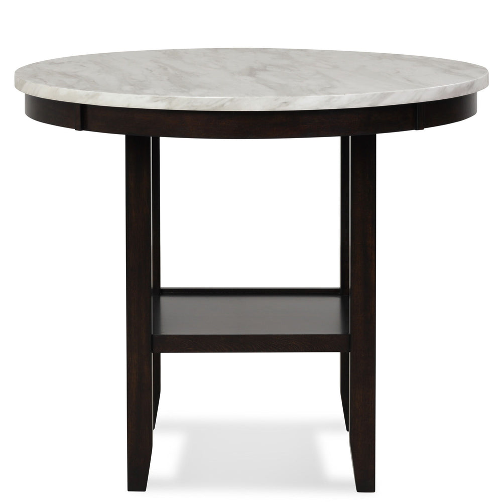 Glam up your dining space with the Celeste 42" Round Counter Table. Crafted for lasting durability, this counter table features solid Rubberwood legs and robust manufactured wood components. The heat and water-resistant faux marble top, finished with a gl