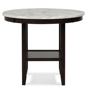 Glam up your dining space with the Celeste 42" Round Counter Table. Crafted for lasting durability, this counter table features solid Rubberwood legs and robust manufactured wood components. The heat and water-resistant faux marble top, finished with a gl