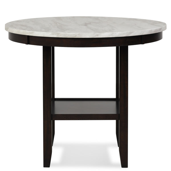 Glam up your dining space with the Celeste 42" Round Counter Table. Crafted for lasting durability, this counter table features solid Rubberwood legs and robust manufactured wood components. The heat and water-resistant faux marble top, finished with a gl