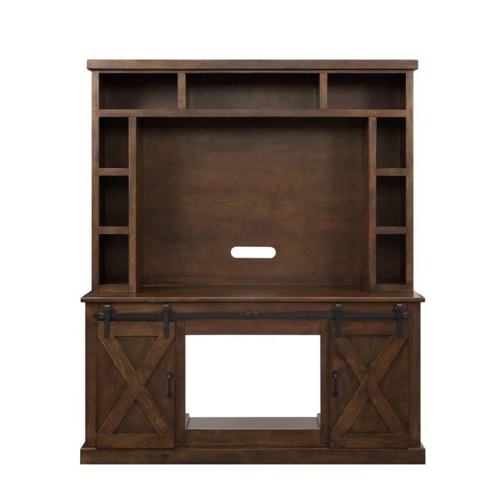 Aksel - Entertainment Center w/Fireplace - Walnut - 73-"<br/><br/><b>Product Features</b><ul><li>Entertainment with LED Electric Fireplace</li><li>Storage: Hutch with 9 Open Compartments, Base with 2 Sliding Barn Doors & 1 Open Compartment</li><li>Max. TV