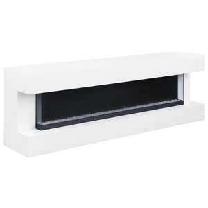 Emphasize ambiance with this modern TV stand, constructed from MDF and white glass, featuring a visual flame box insert. Its clean-lined silhouette is fresh and contemporary, making it a perfect focal point for TV entertainment or an ambient room setting.