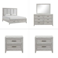 The Fiona 5 Piece Bedroom Set features a storage bed with a plush upholstered headboard, designed for ultimate comfort and convenience. The bed is complemented by a 6-drawer dresser and two 2-drawer nightstands, all exhibiting a harmonious blend of Acacia