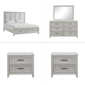 The Fiona 5 Piece Bedroom Set features a storage bed with a plush upholstered headboard, designed for ultimate comfort and convenience. The bed is complemented by a 6-drawer dresser and two 2-drawer nightstands, all exhibiting a harmonious blend of Acacia