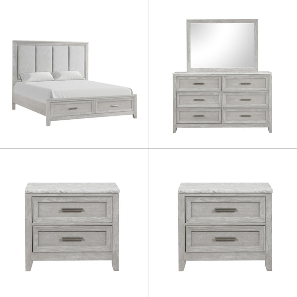 The Fiona 5 Piece Bedroom Set features a storage bed with a plush upholstered headboard, designed for ultimate comfort and convenience. The bed is complemented by a 6-drawer dresser and two 2-drawer nightstands, all exhibiting a harmonious blend of Acacia