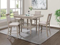 Elevate your dining experience with this elegant counter height dining set, designed to blend seamlessly with any modern or rustic dÃ©cor. The set features a spacious, finely crafted table with a built-in faux marble turntable and open lower shelf in a we
