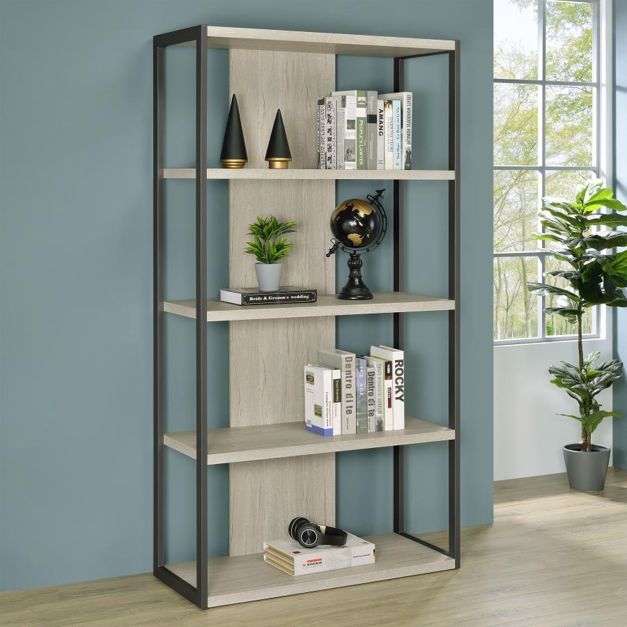 Showcase your favorite books and decor on this open and airy, tall contemporary bookcase, designed with four slim whitewashed grey shelves suspended by a bold grey finished frame. The back support and flush bottom shelf offers stability against area rugs 