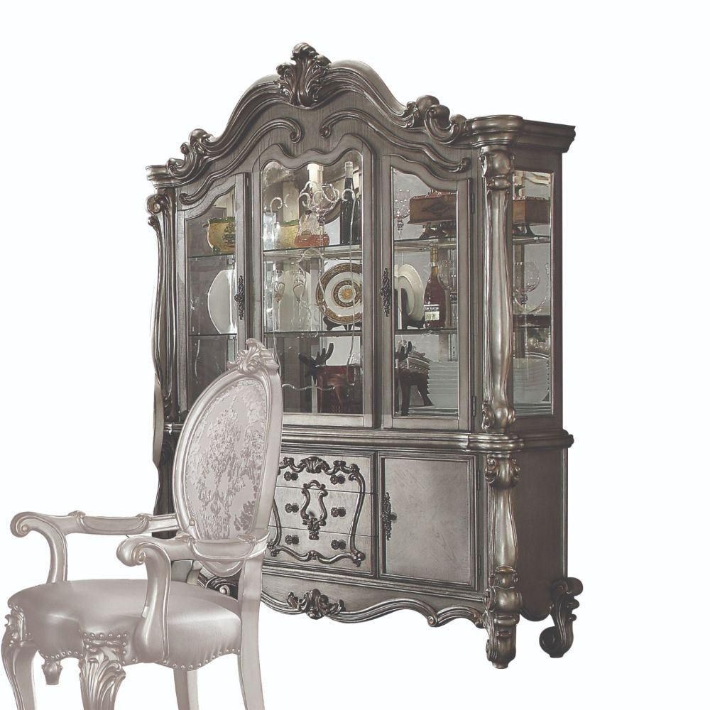 Hutch & Buffet Arched Hutch: Touch Light & 2 Glass Doors (2 Glass Shelves & Back Mirror Inside) Buffet 3 Drw & 2 Wooden Doors Oversized Scrolled Trim, Leaf Crown Motif, and Post-Leg (Poly Resin with Antique Contrast Finish) Drawer: GLIDE Side Metal (Ball 